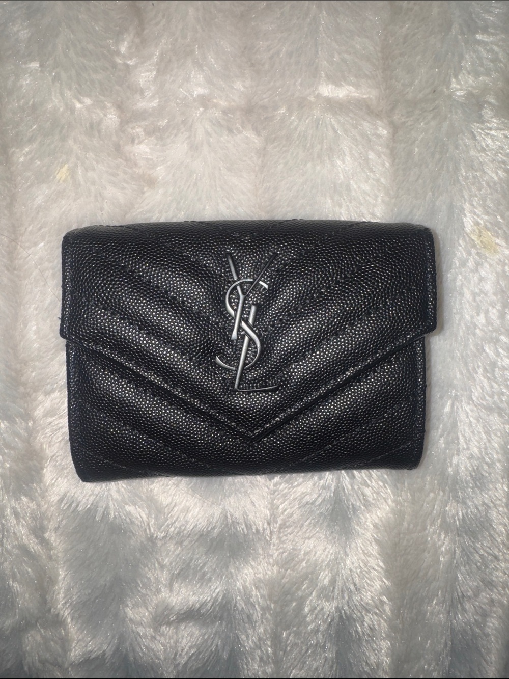 Saint Laurent Black Chevron Textured Compact Wallet with Black YSL Emblem